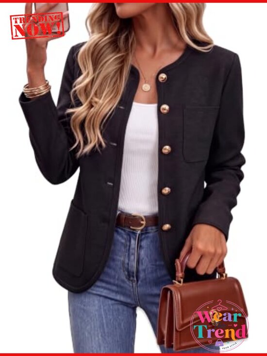 Jackets & Blazers - Wool Blend Collarless Sweater Blazer Business Casual Cardigan
